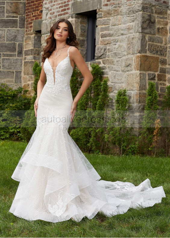 Luxury Beaded Ivory Lace Tulle Open Back Wedding Dress